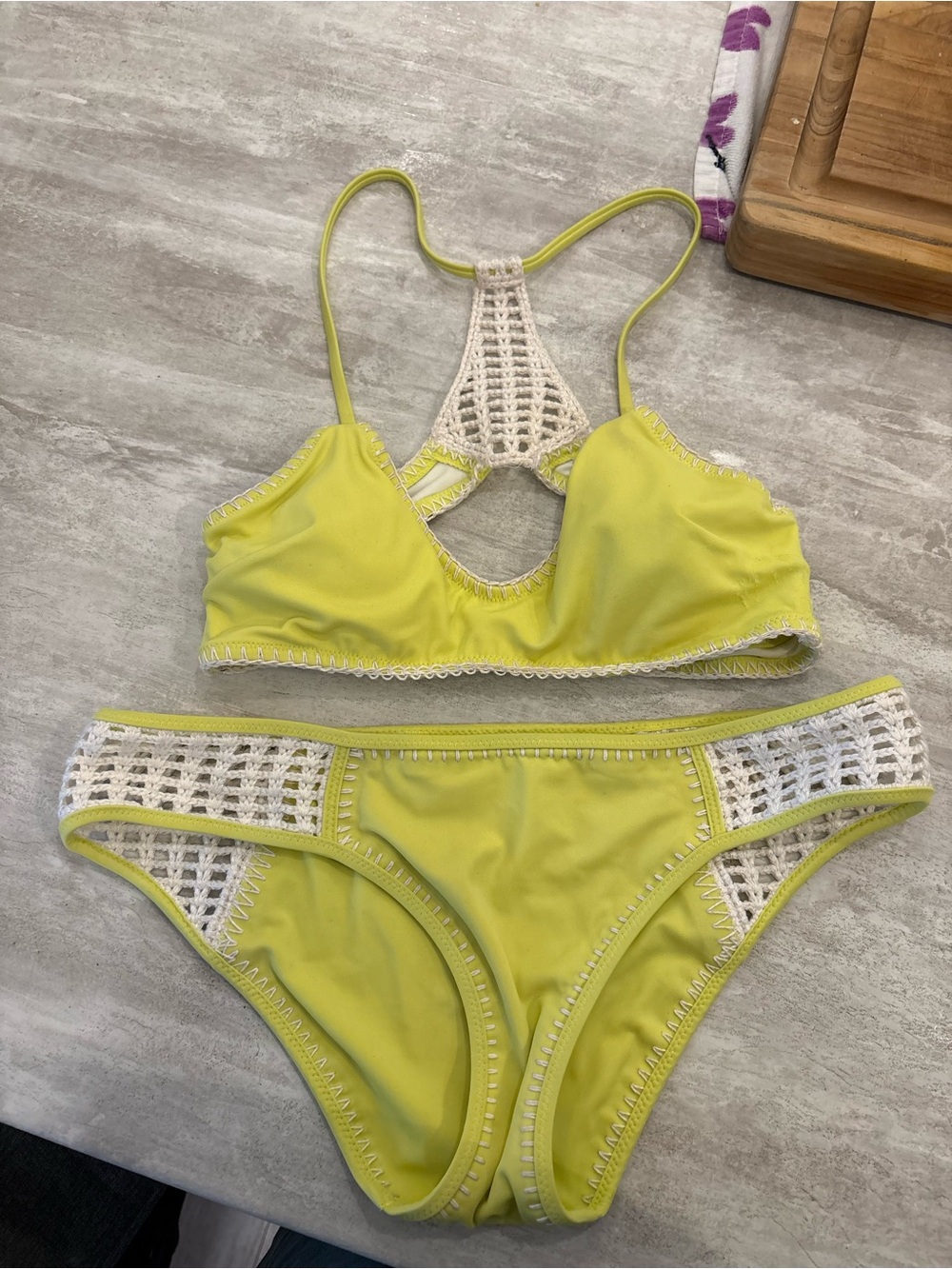 Victoria's Secret Lemon Yellow Bikini Bottom with White Crochet Trim